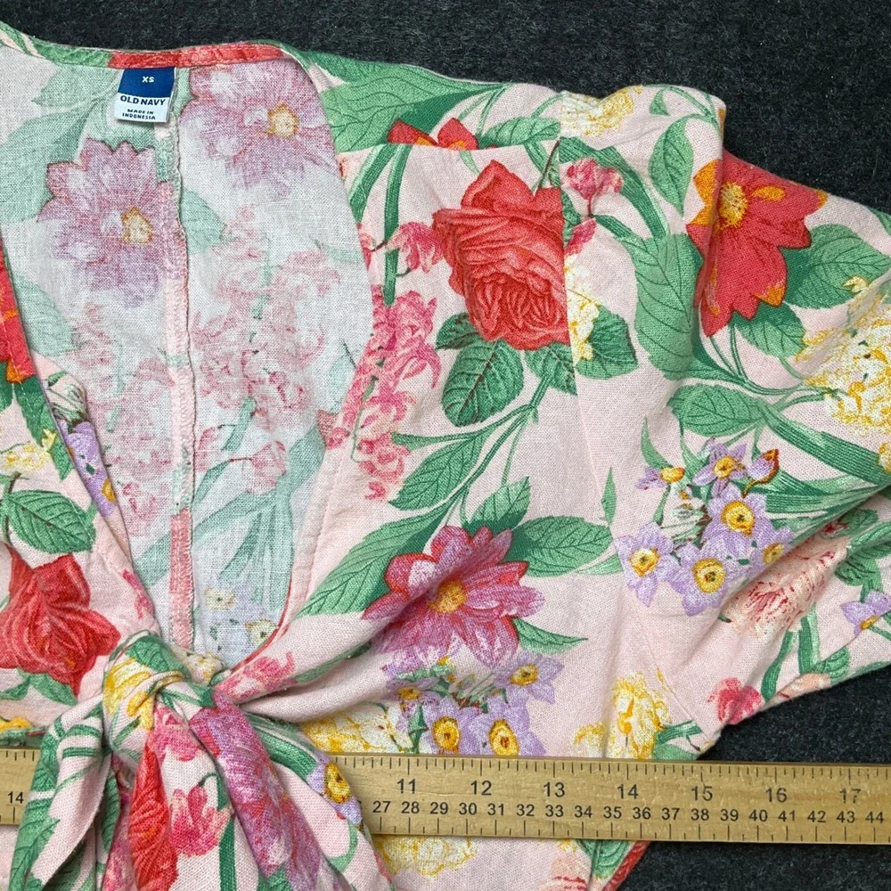 Old Navy Dress Womens XS Pink Linen Floral Tie Front Cutout Midi Boho Romantic